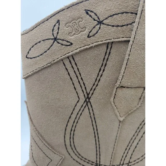 CELINE Paris Western Low Boots in Suede Beige W/ Dark Stitching Sz 39 EUR 8.5 US - Picture 4 of 16